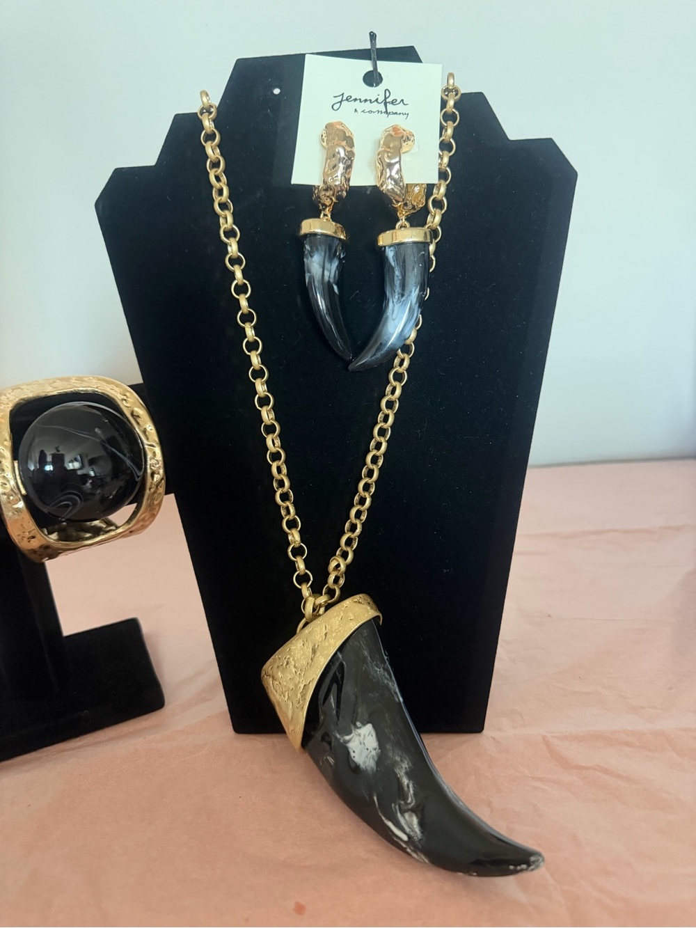 Black Horn Pendant Necklace and Earring Set - Gold Accents Bracelet